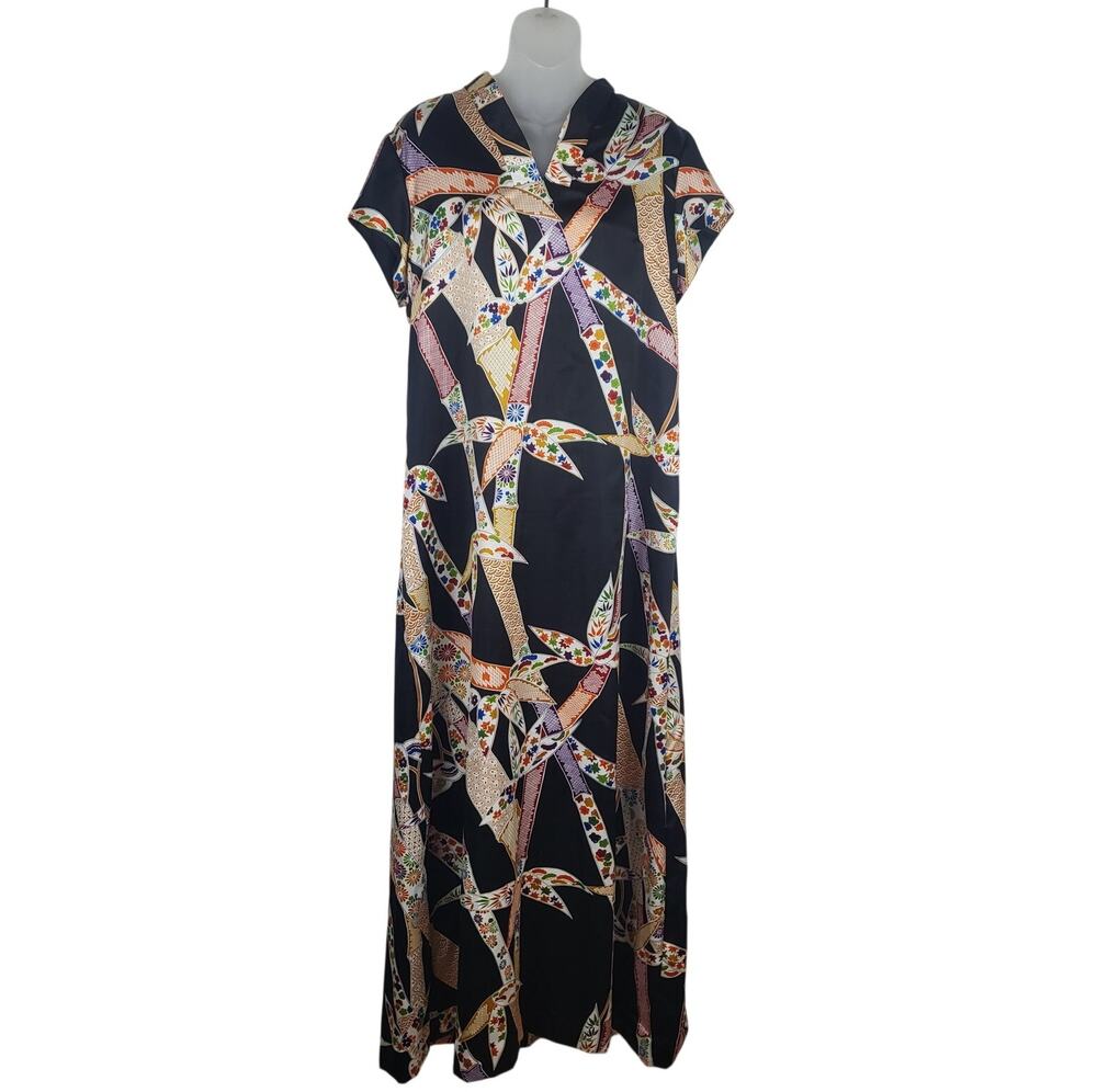 Vintage 60s 70s POMARE Hawaiian Bird of Paradise Bamboo Tiki Maxi Dress Size M/L